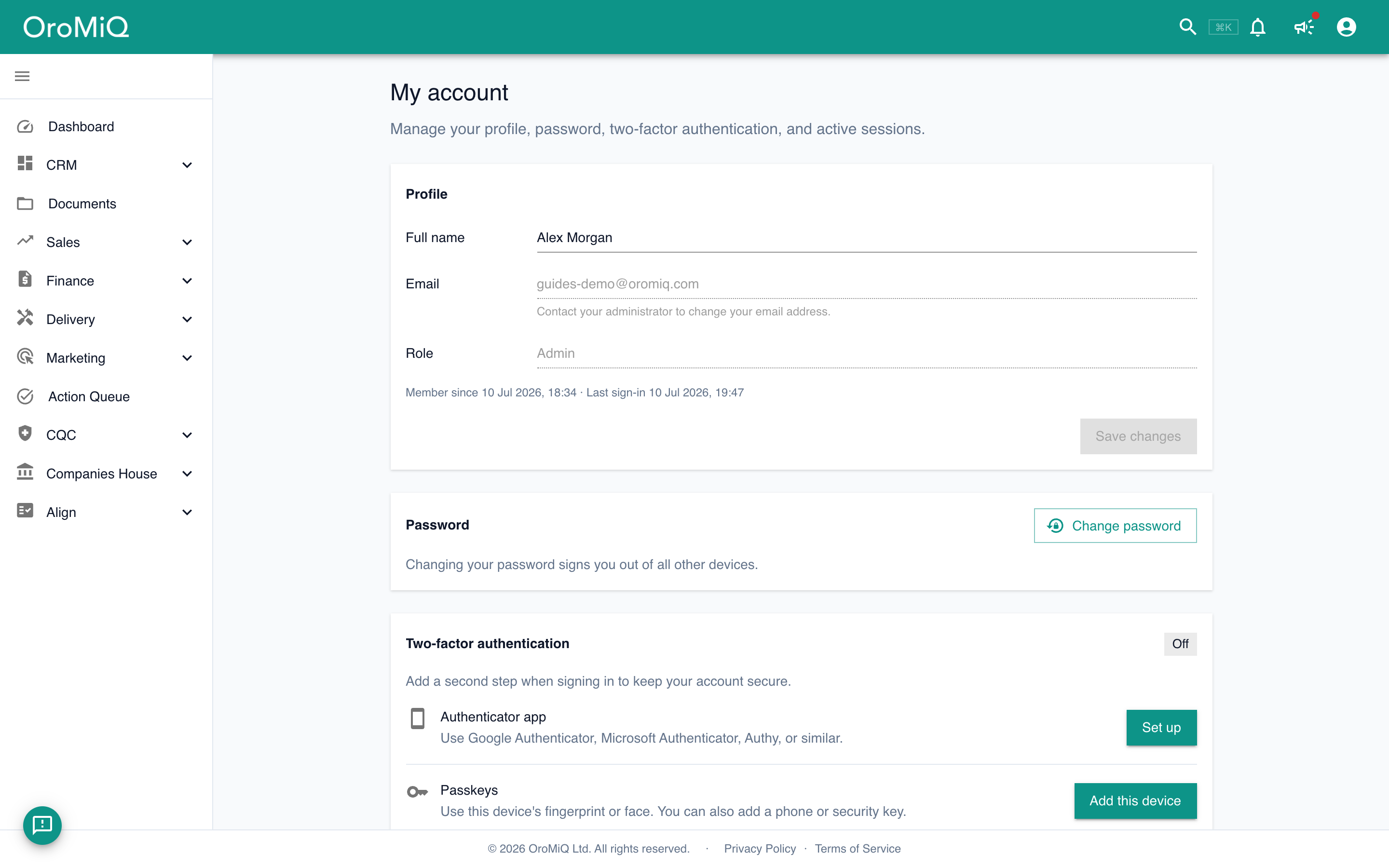 The My account page showing the profile section with full name, email and role, plus password and two-factor authentication options.