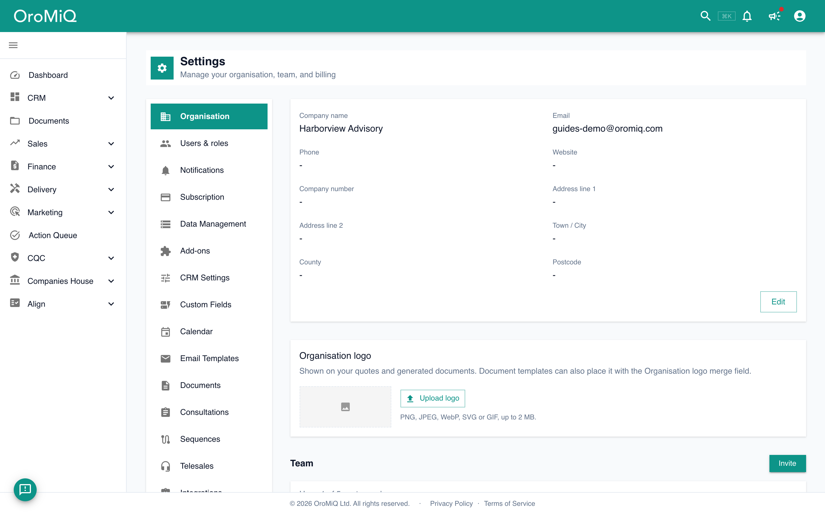 Organisation settings showing company name, contact details and address fields, with an Edit button and an area to upload an organisation logo.