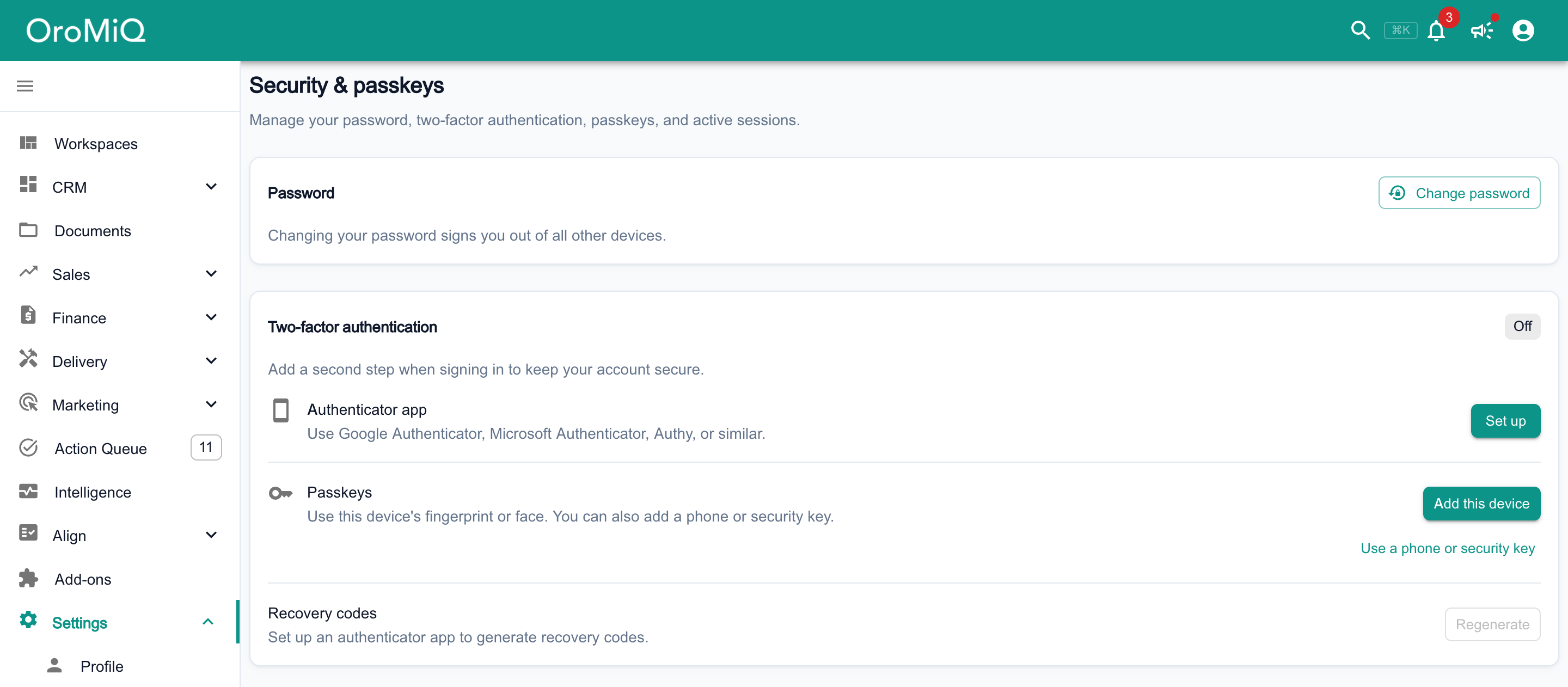 The Security & passkeys page with a Change password button, and Two-factor authentication options to set up an authenticator app, add a passkey and generate recovery codes.