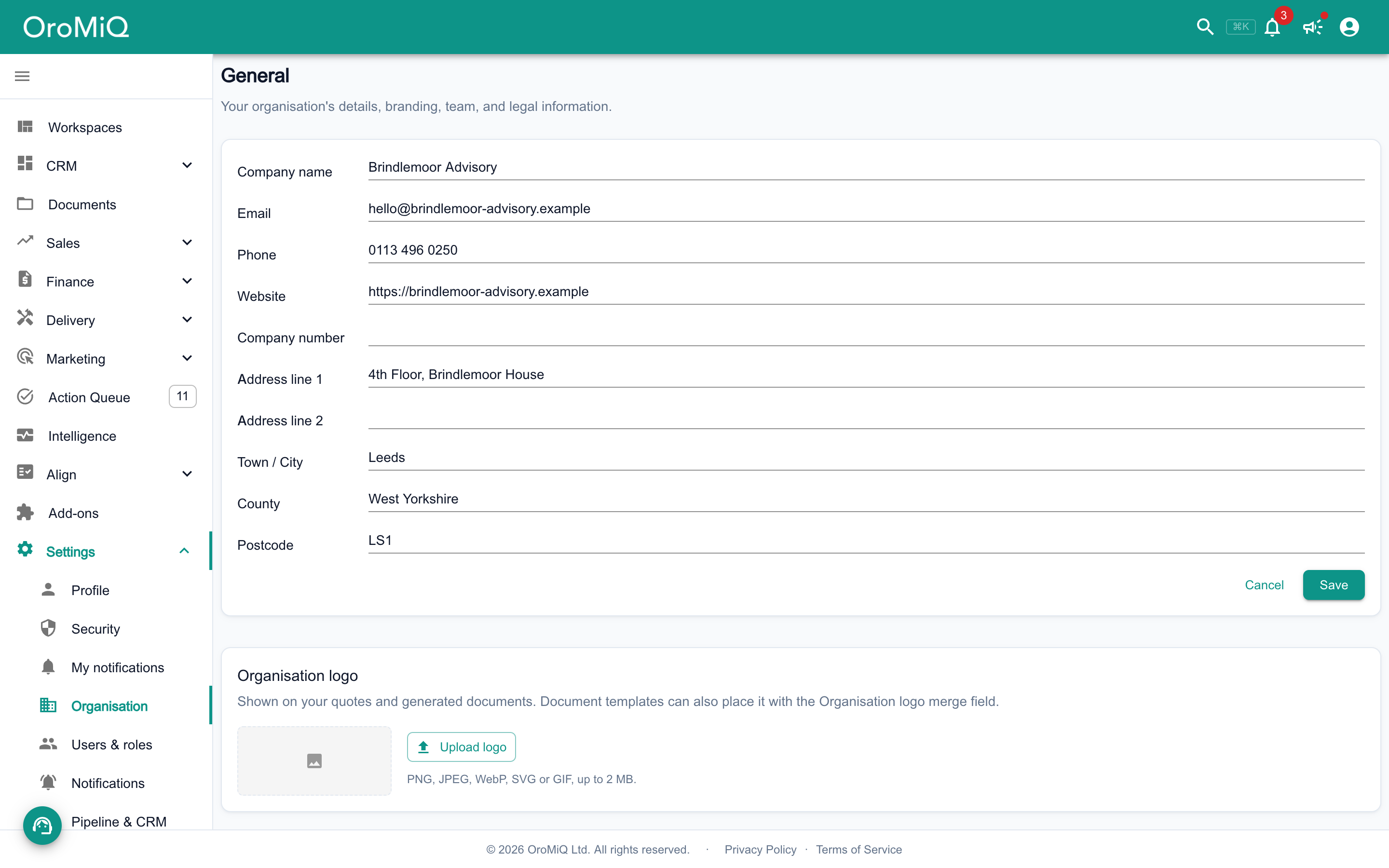 The General section of Settings, Workspace in edit mode, with Company name, Email, Phone, Website and the address filled in, Company number left blank, and Cancel and Save buttons, above the Organisation logo card and its Upload logo button.
