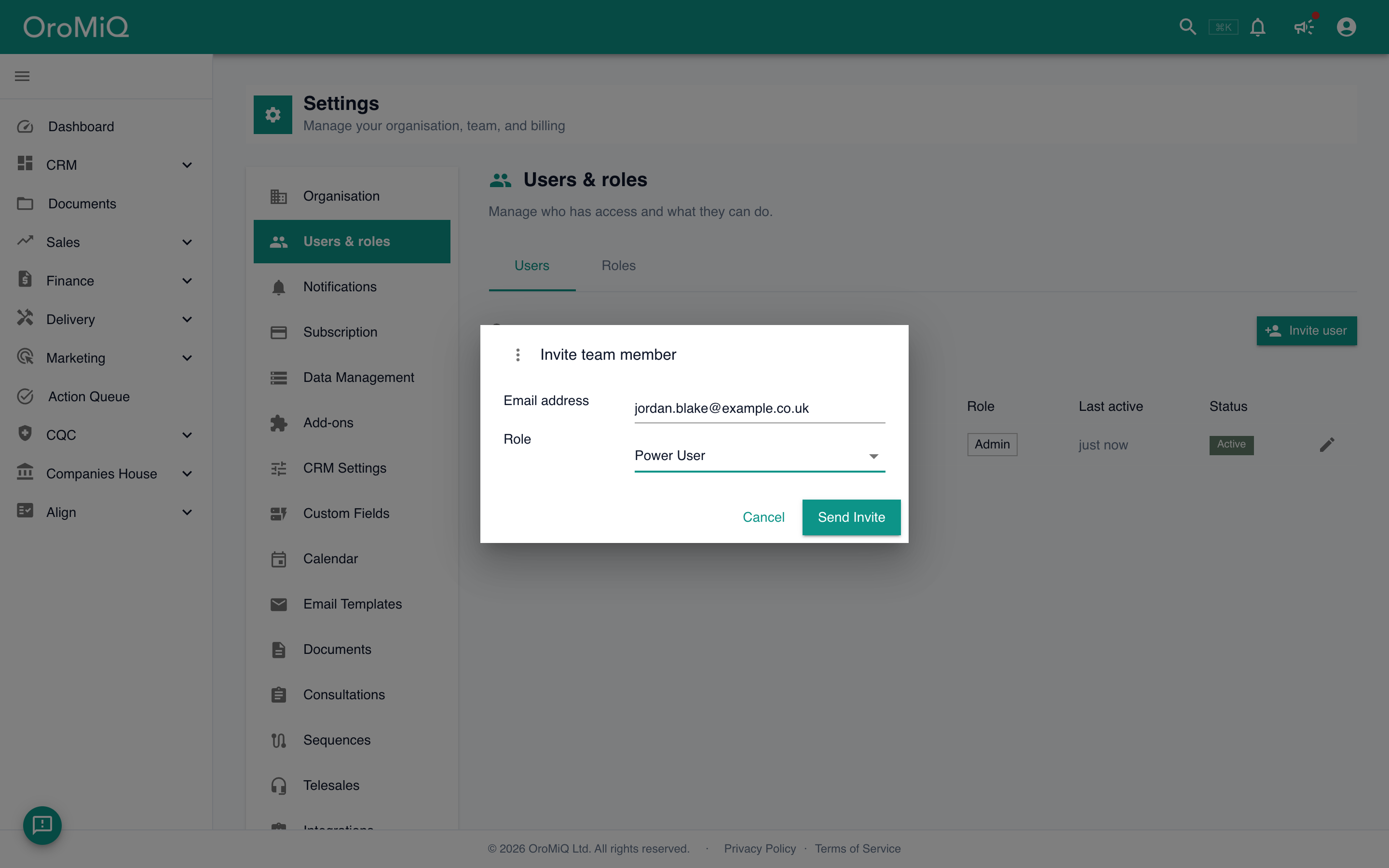 The Invite team member dialog with an email address field and a role dropdown, and a Send Invite button.