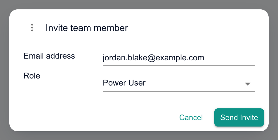 The Invite team member dialog with an example email address entered, Power User chosen as the Role, and Cancel and Send Invite buttons.