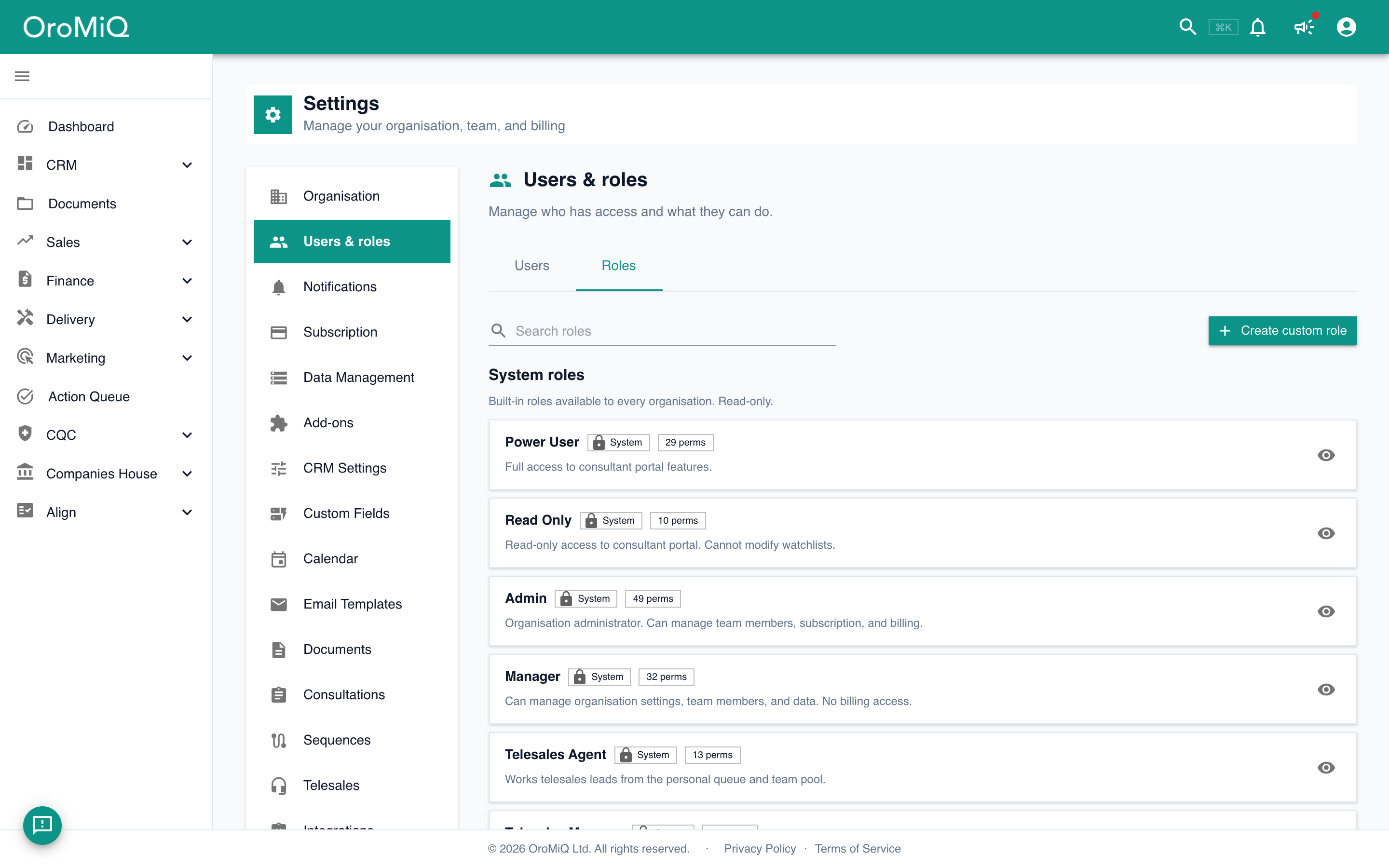 The Roles tab listing built-in system roles such as Power User, Read Only, Admin, Manager and Telesales Agent, each with a permission count.