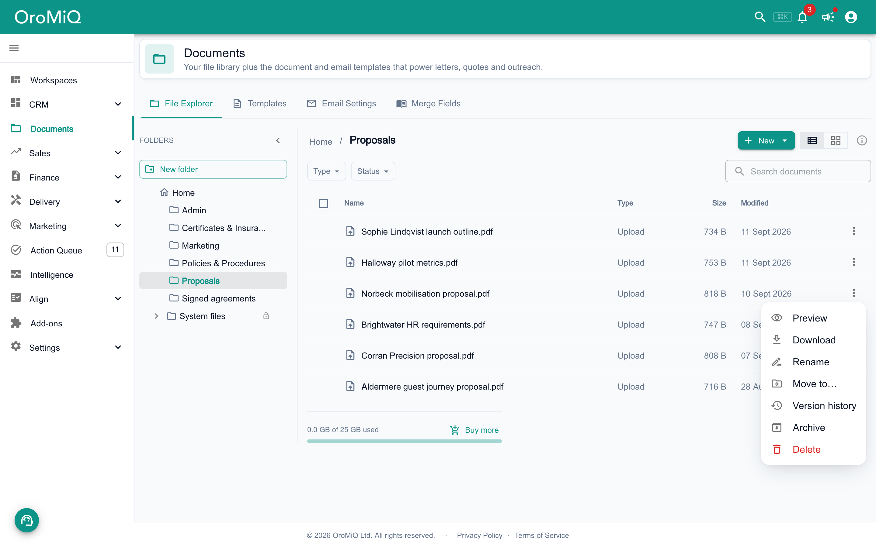 The Documents File Explorer with the folder list shown and the Proposals folder open, and a file menu showing Preview, Download, Rename, Move to, Version history, Archive and Delete