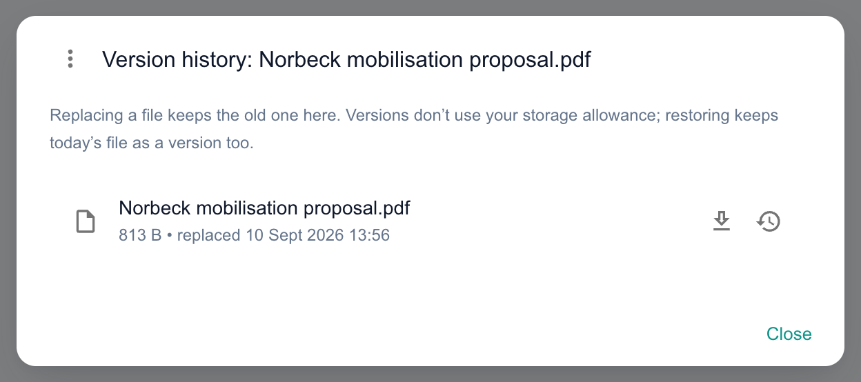 The Version history dialog for a proposal, listing the earlier version it replaced with buttons to download or restore it