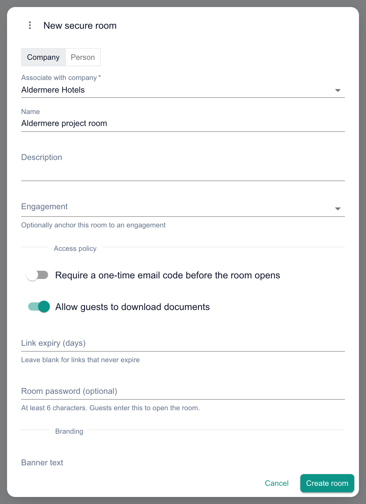The New secure room dialog with a company and room name filled in, the access policy switches, link expiry and room password fields