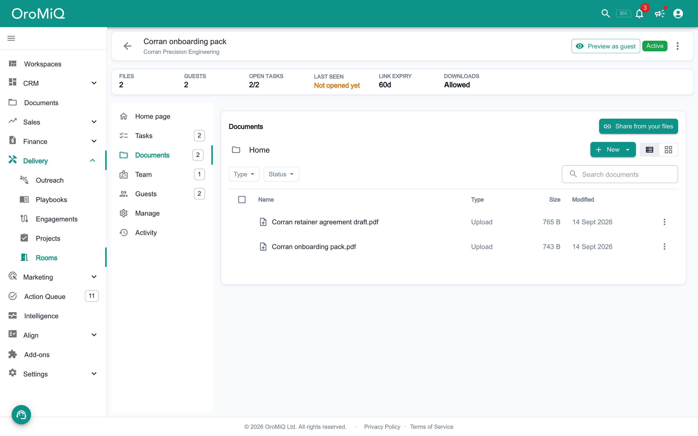 A secure room open on Documents, listing the two files shared with its guests, with Share from your files and New above the list