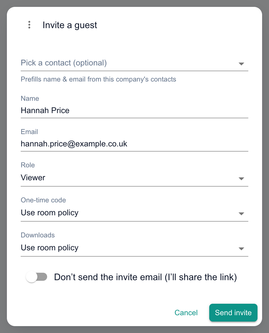 The Invite a guest dialog with a name and email filled in, Role set to Viewer, and One-time code and Downloads following the room policy