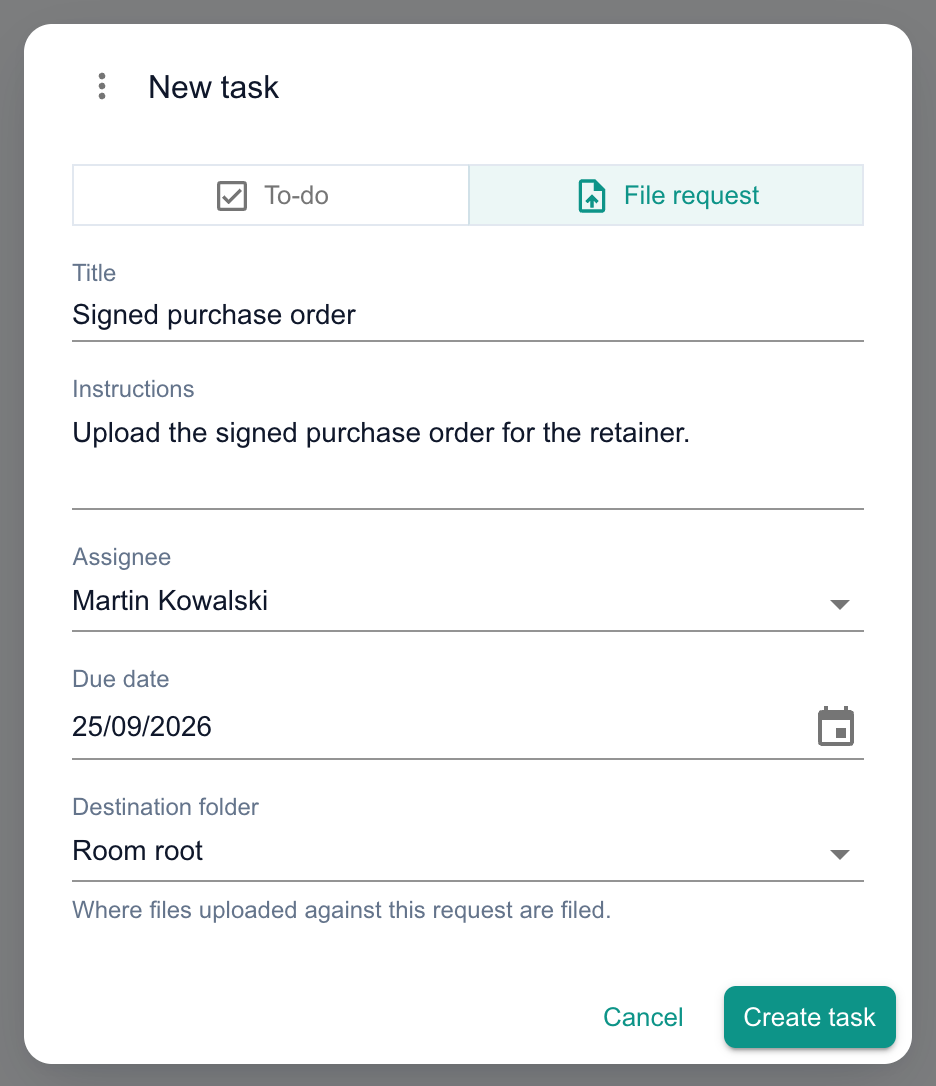 The New task dialog with File request selected, a title, instructions, an assignee, a due date and the destination folder