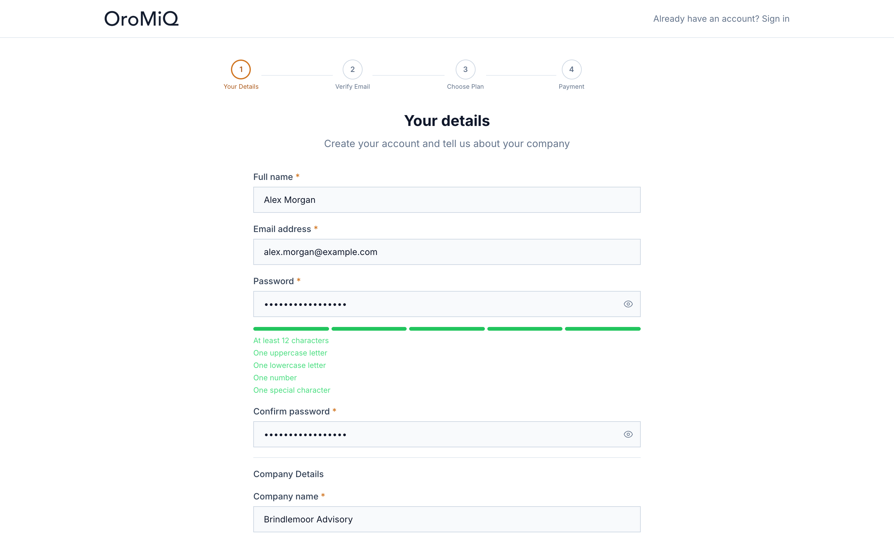 The Your details step of signup, with the progress bar at Your Details, the Full name, Email address, Password and Confirm password fields filled in, and the Company name filled in under Company Details.