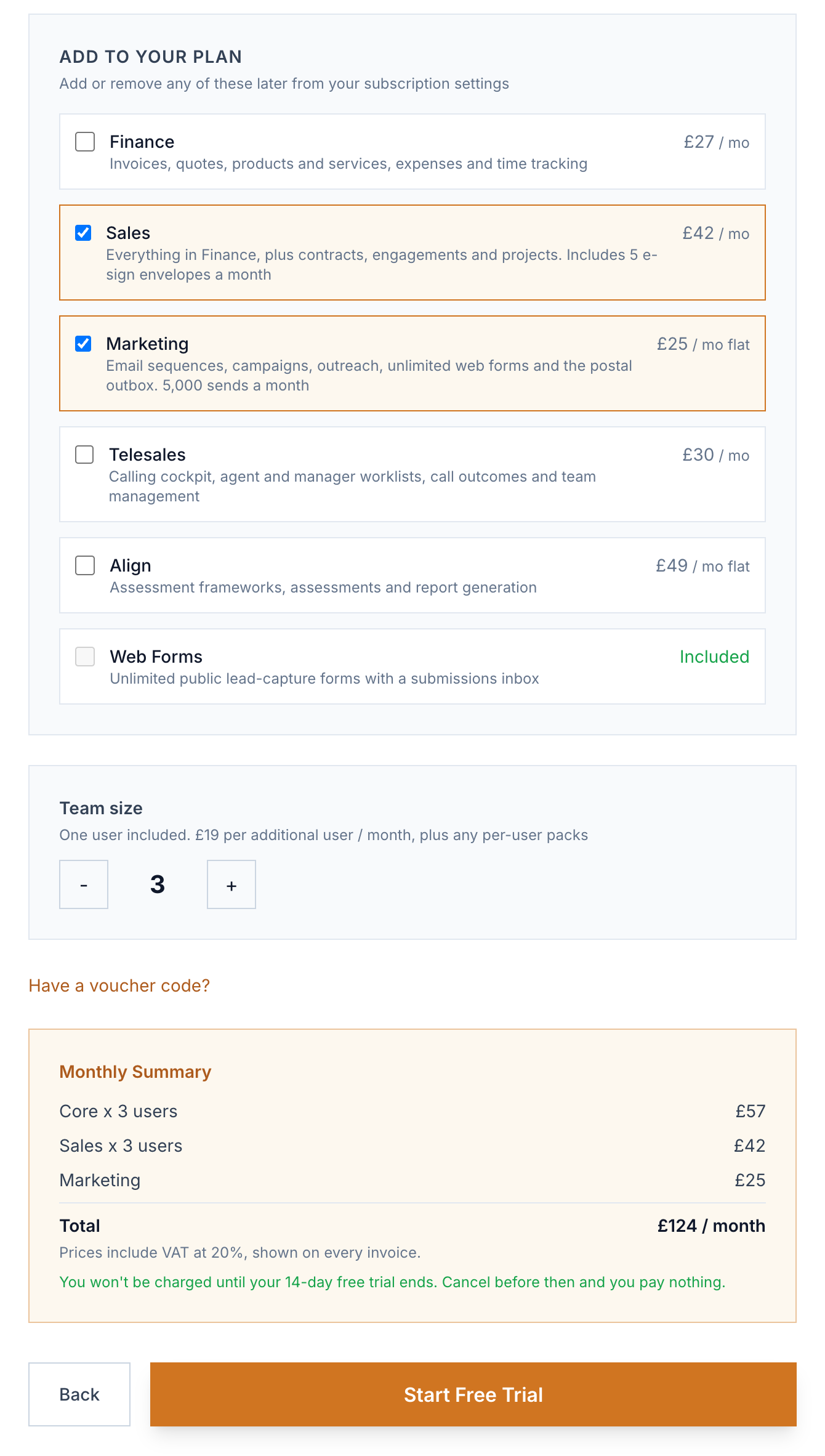 The Add to your plan list with Sales and Marketing ticked and Web Forms shown as Included, Team size set to 3, the Monthly Summary showing the monthly total including VAT, and the Back and Start Free Trial buttons.