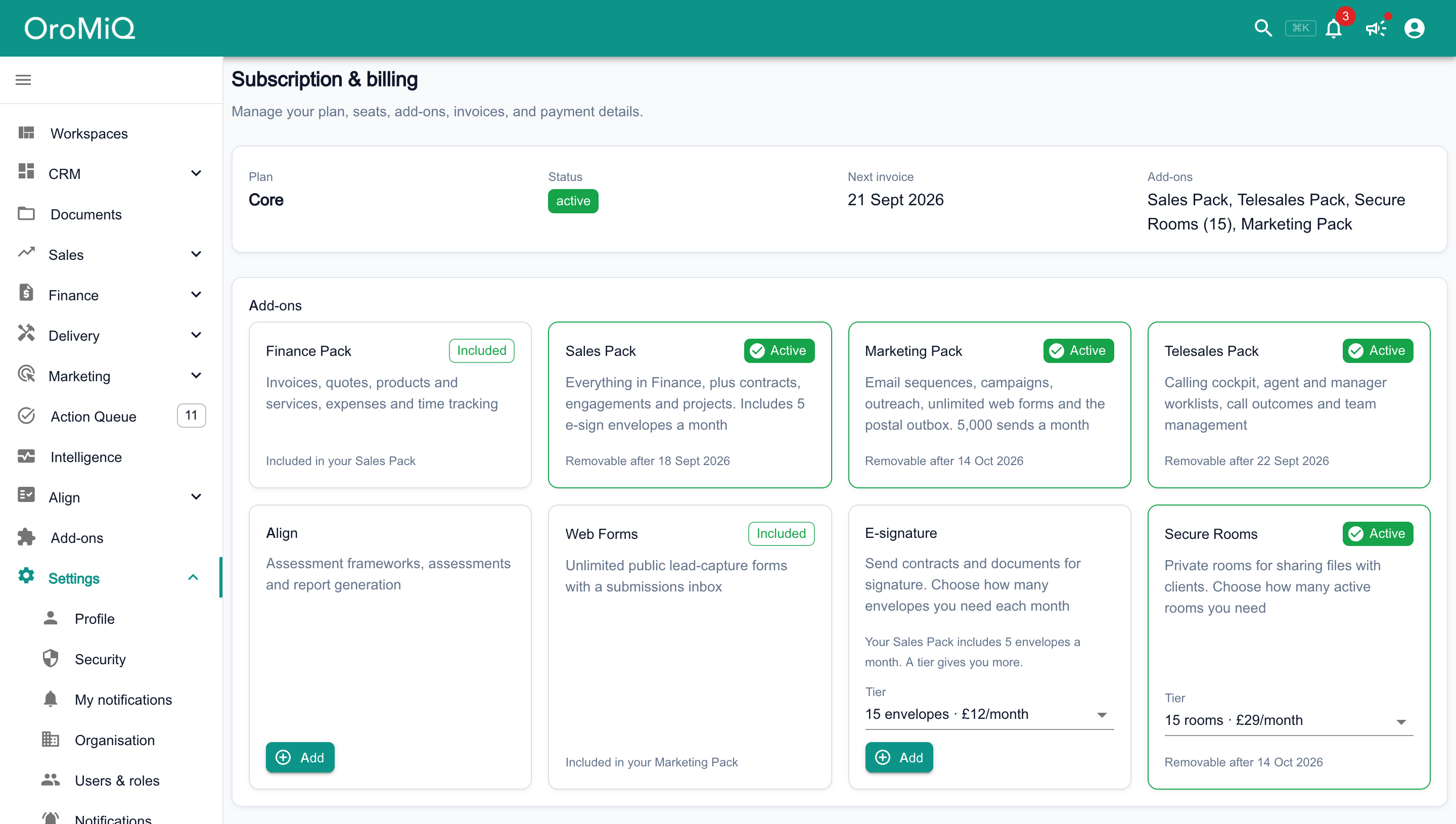 Settings, Subscription & billing: the plan summary card above the Add-ons card, with a card for each pack, Align and Web Forms, and one card each for E-signature and Secure Rooms with a Tier picker. Active ones show Active and Removable after a date, the Finance Pack and Web Forms show Included in your Sales Pack and Included in your Marketing Pack, the E-signature card notes the 5 envelopes the Sales Pack includes, and Align and E-signature show an Add button.