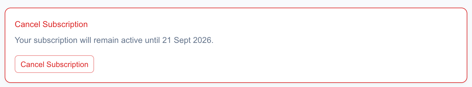 The Cancel Subscription card saying the subscription stays active until a date, with a Cancel Subscription button.