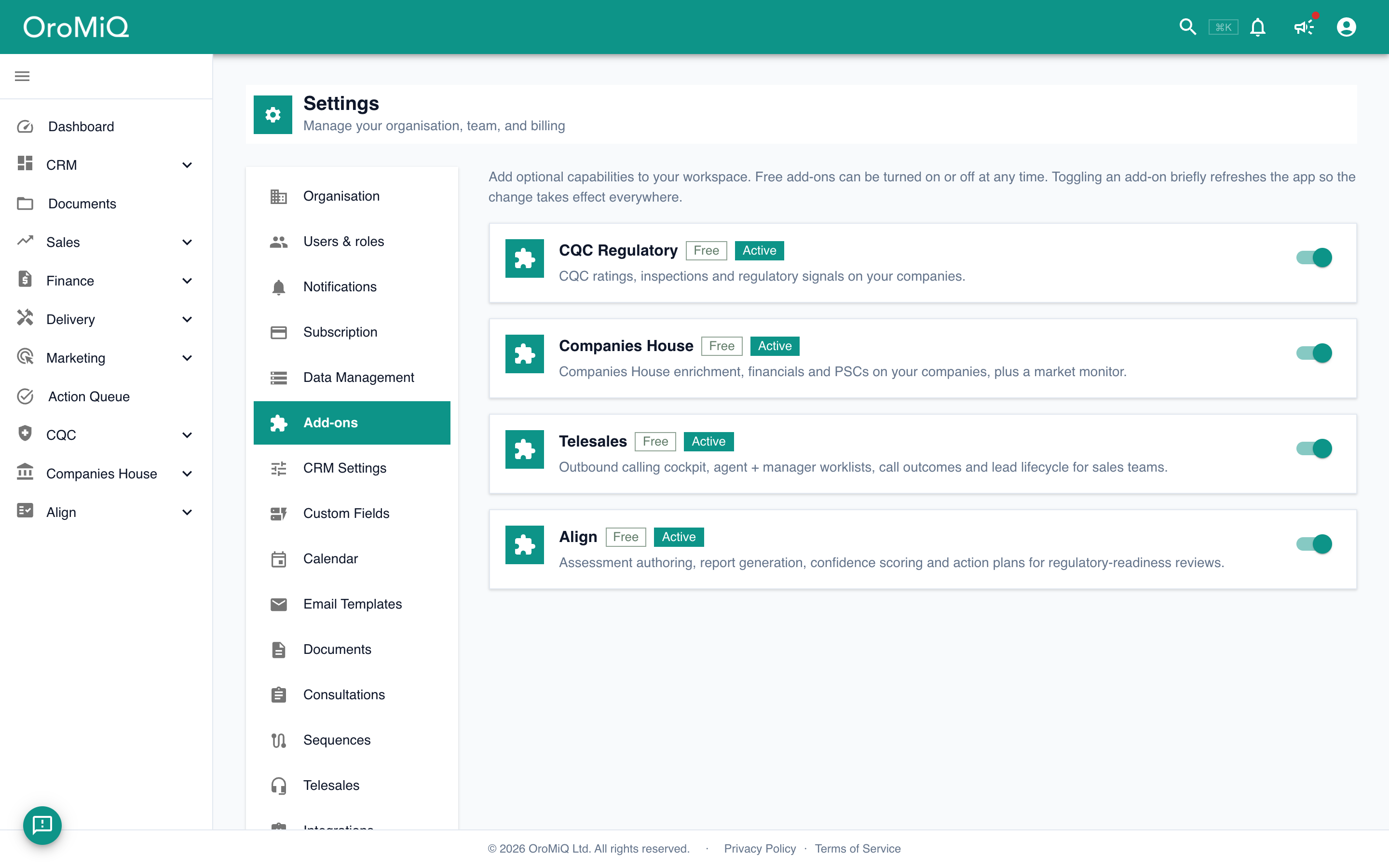 The Add-ons page listing free data layers: CQC Regulatory, Companies House, Telesales and Align, each with a toggle.