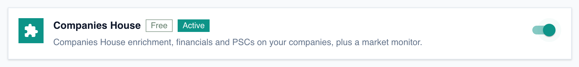 The Companies House add-on card with its toggle switched on and an Active badge showing.