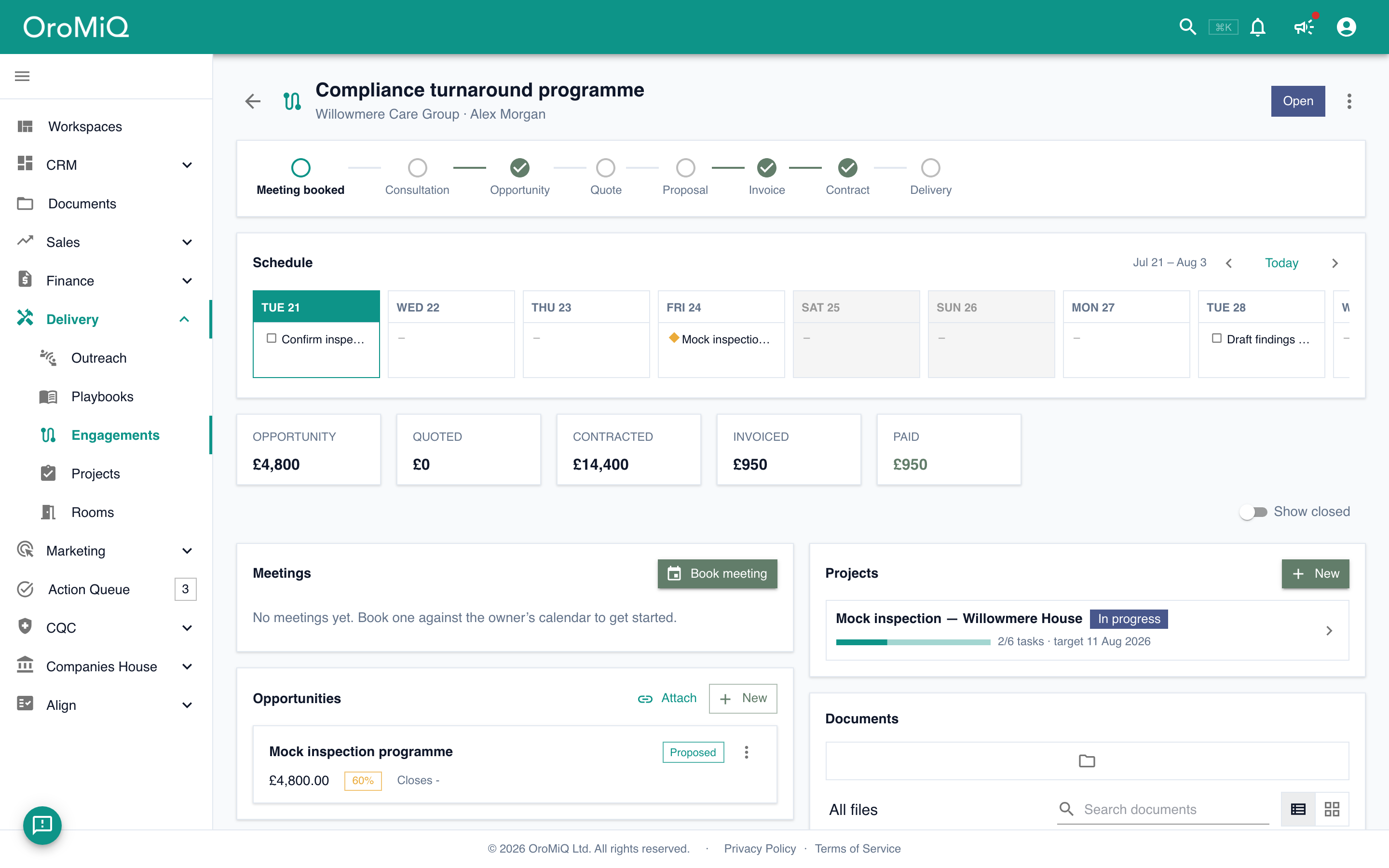 An engagement workspace with journey stages, schedule and revenue rollups