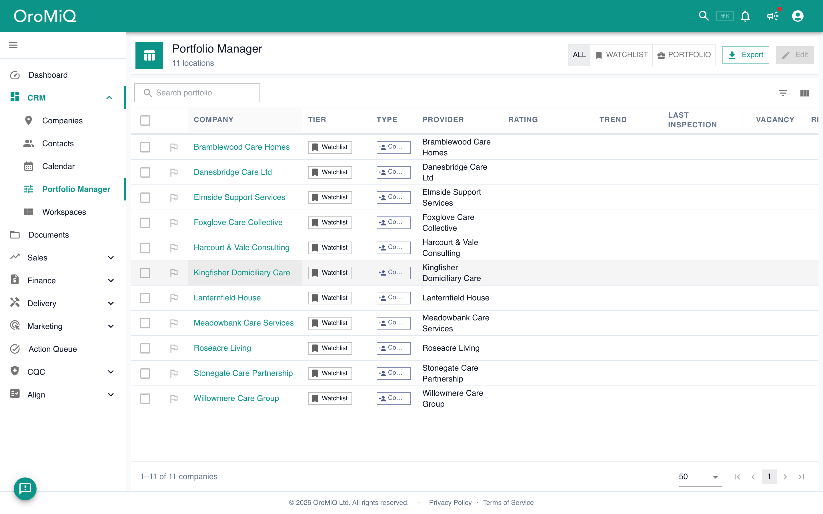 The OroMiQ portfolio manager grid with companies in bulk-edit view