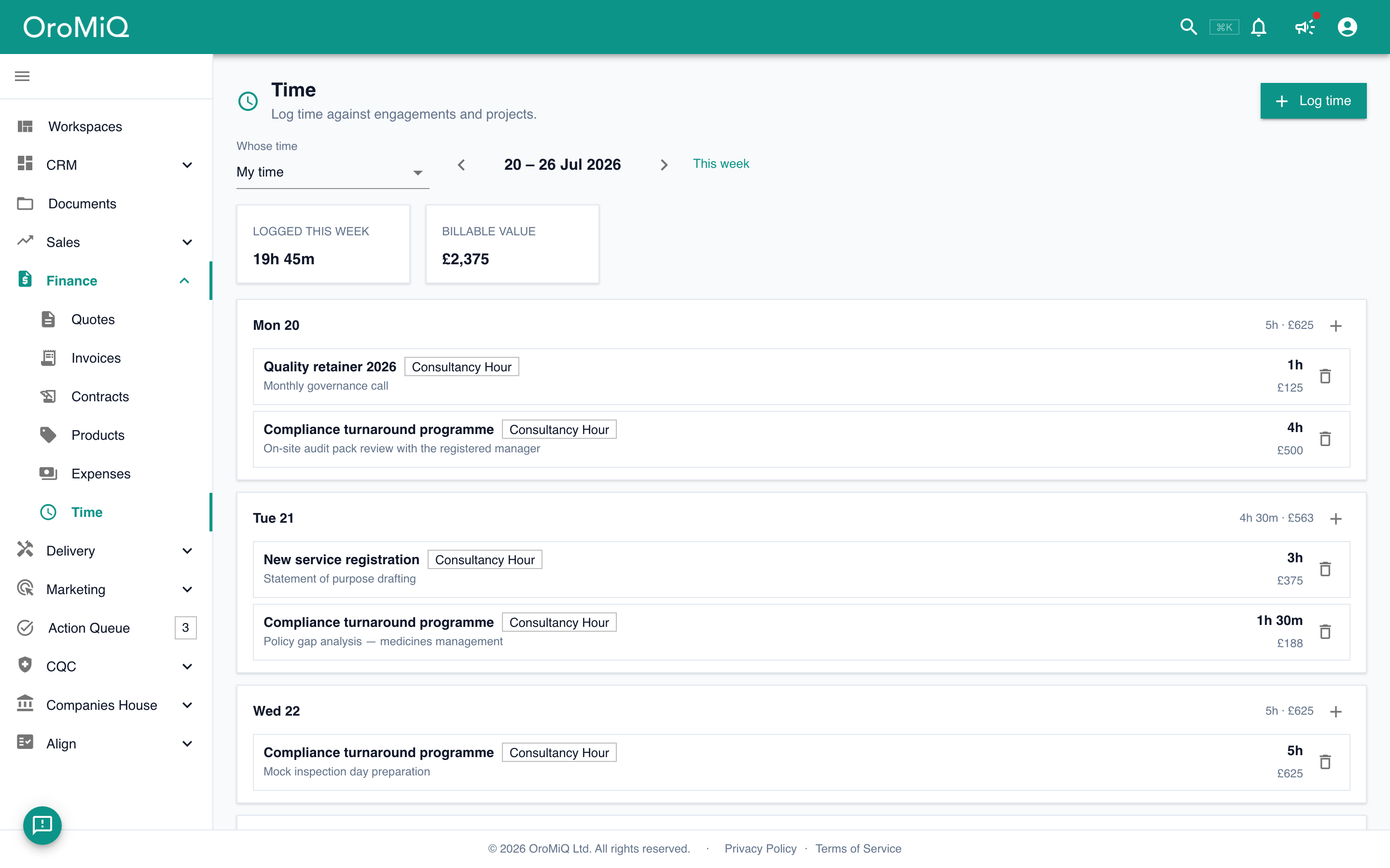 A weekly timesheet with logged hours, billable value and rate-card entries